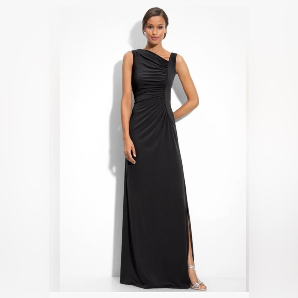 NWT Calvin Klein Black Asymmetrical Ruched Jersey Long Gown